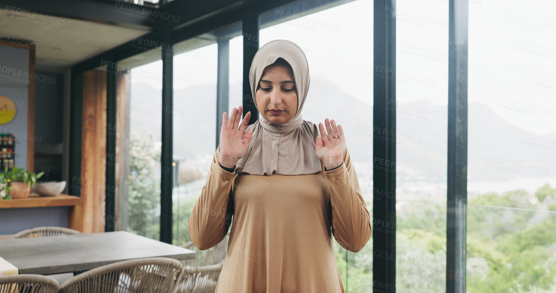 Buy stock photo Muslim, woman and praying salah at house with faith, praise Allah and spiritual worship in Ramadan. Female person, hijab and prayer with dua, religious practice and devotion to God for islamic belief