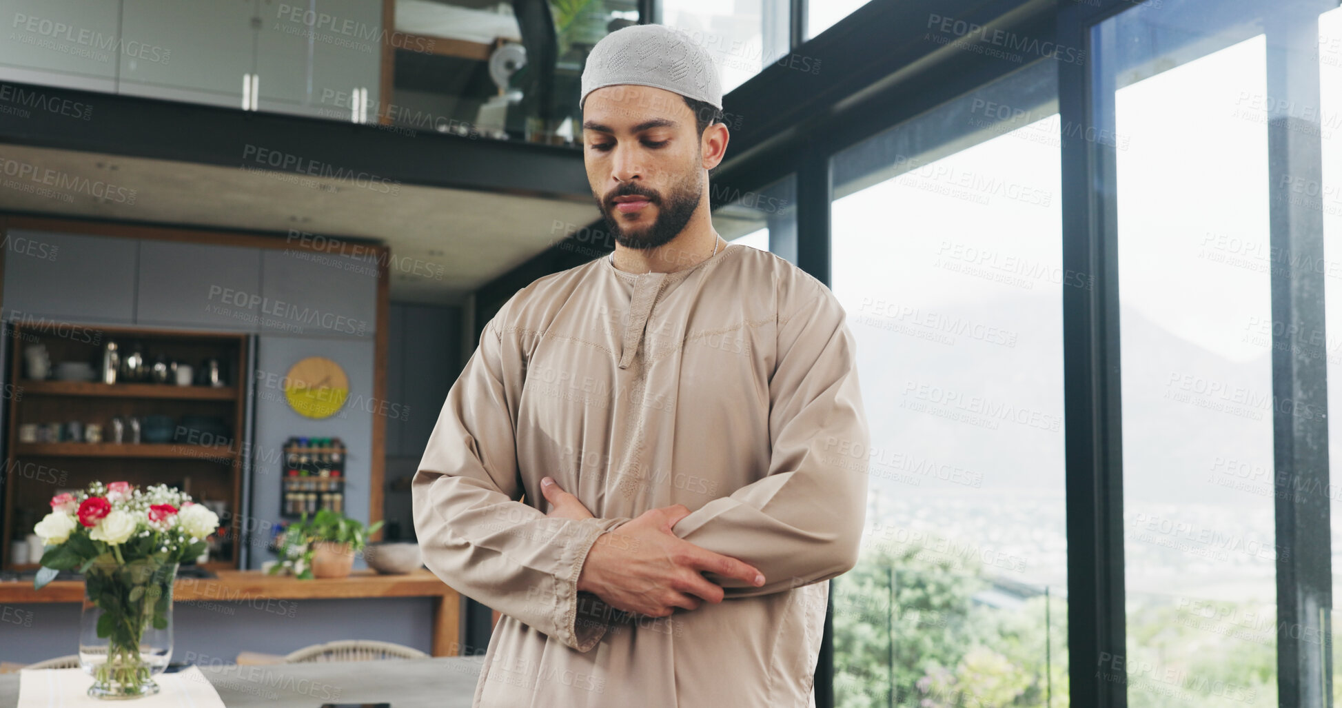 Buy stock photo Muslim, man and praying salah in lounge with faith, praise Allah and spiritual worship in Ramadan. Islamic, male person and prayer with dua, religious practice and devotion to God for belief at house