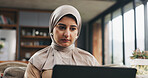 Muslim woman, laptop and reading in home for learning, online Quran course or Arabic language studying. Education, computer or person with hijab for religious understanding, prayer info or knowledge