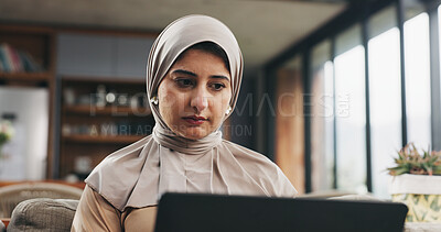 Buy stock photo Muslim woman, laptop and reading in home for learning, online Quran course or Arabic language studying. Education, computer or person with hijab for religious understanding, prayer info or knowledge