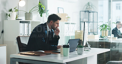 Buy stock photo Thinking, reading and computer with business man in office for stock market broker, vision and account report. Risk assessment, idea and investor trading with person in agency for virtual advisor