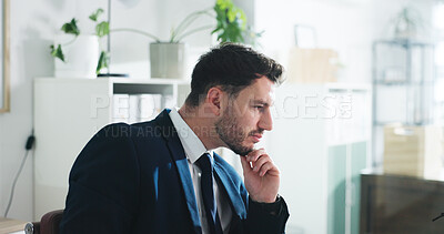Buy stock photo Thinking, employee and man in office, serious and planning for wealth management or idea for project. Financial advisor, person and reflection for investment opportunity, corporate and thoughtful