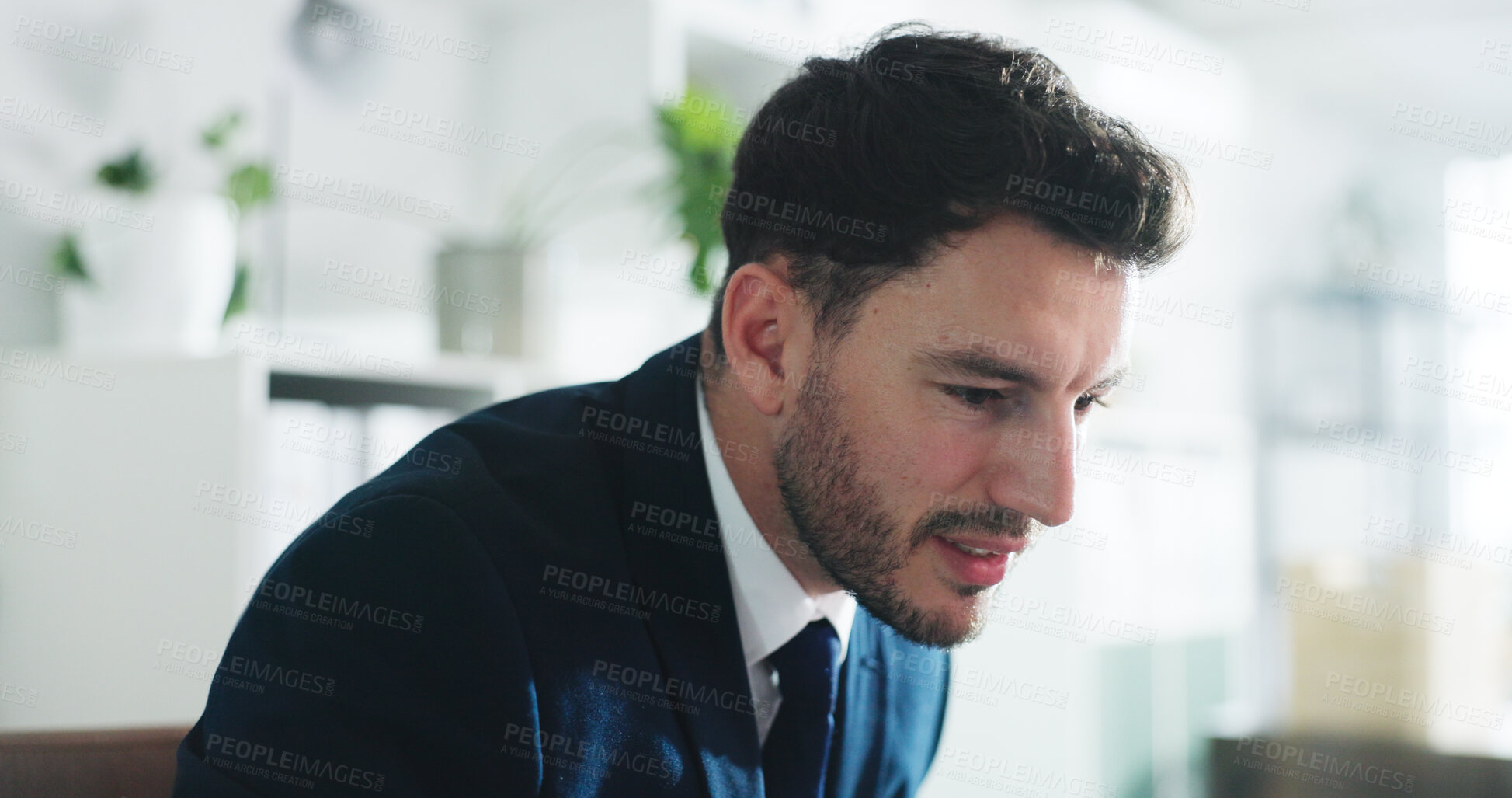 Buy stock photo Man, financial advisor and review with thinking at office for portfolio management at investment company. Person, broker and perspective for stock market research, evaluation or insight at agency