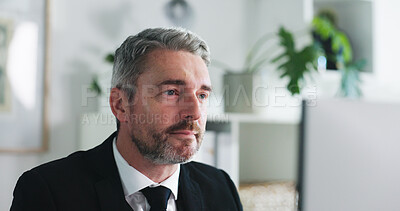 Buy stock photo Auditor, reading or man with computer in office, internal inspection or risk management for company. Compliance evaluation, check records or mature employee with accuracy review, pc or assets info