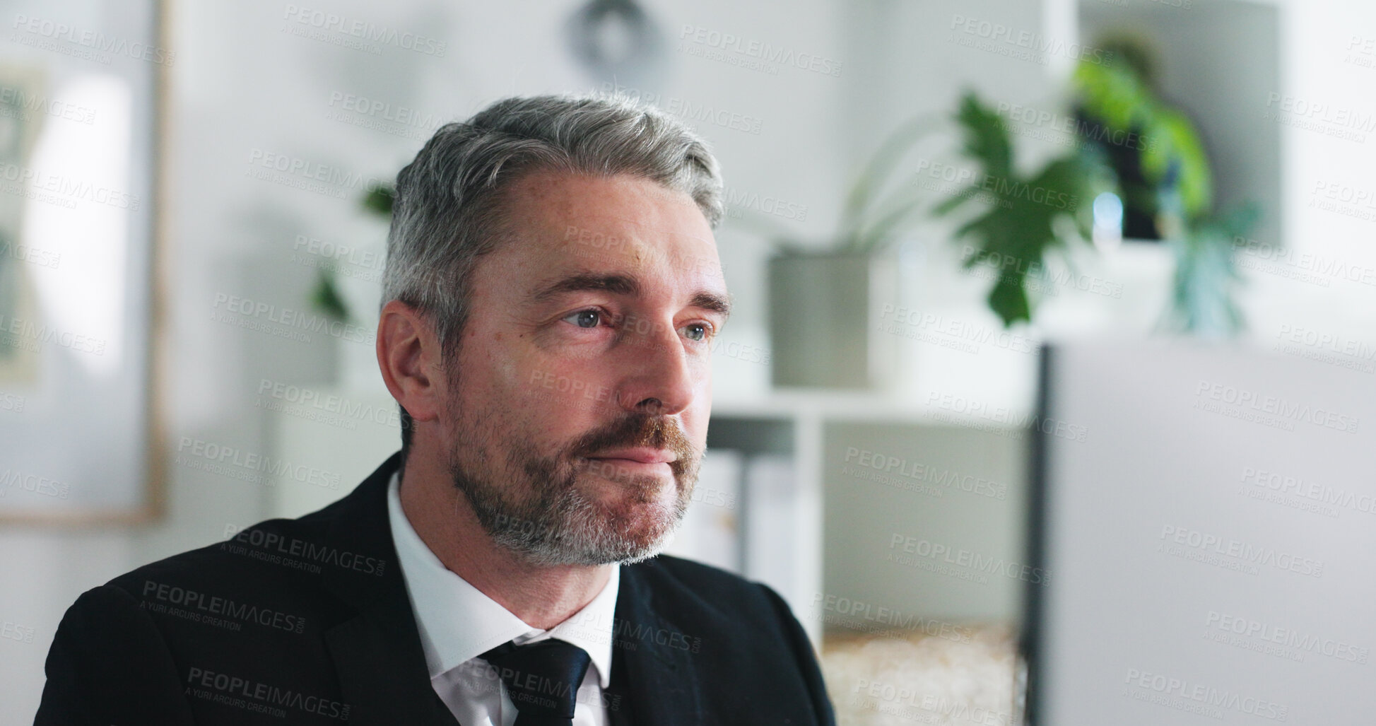 Buy stock photo Auditor, reading or man with computer in office, internal inspection or risk management for company. Compliance evaluation, check records or mature employee with accuracy review, pc or assets info