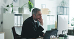 Auditor, think or mature man with computer in office, internal inspection or risk management for planning. Compliance reflection, check record or employee with accuracy review, pc or assets insight