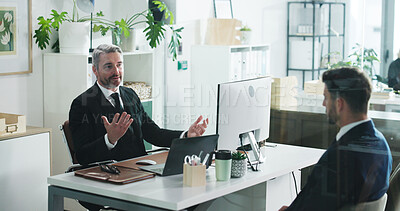 Buy stock photo Meeting, performance review and business men in office with advice, evaluation or development. Discussion, computer and male hr manager with employee for feedback on career growth in workplace.