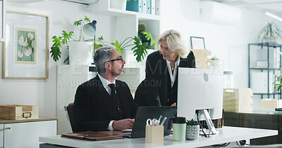 Buy stock photo Corporate, business team and advice in office with computer, discussion or accounting mentorship. Mature people, talk or idea in workplace with desktop, audit training and financial statement review.