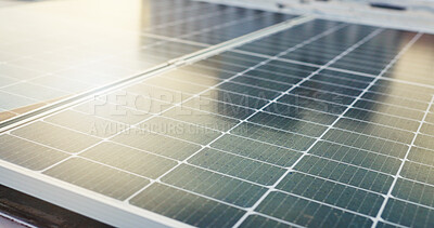 Buy stock photo Solar panel, installation and renewable energy on roof, outdoor or maintenance of eco friendly power. Photovoltaic, grid and alternative electricity with zero emissions, flare and natural resources