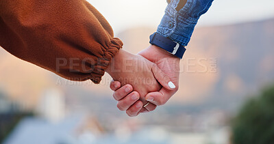 Buy stock photo Couple, holding hand and date for travel outdoor with love, partner support and holiday. People, adventure and loyalty with romance, healthy relationship and trust with commitment on vacation in city