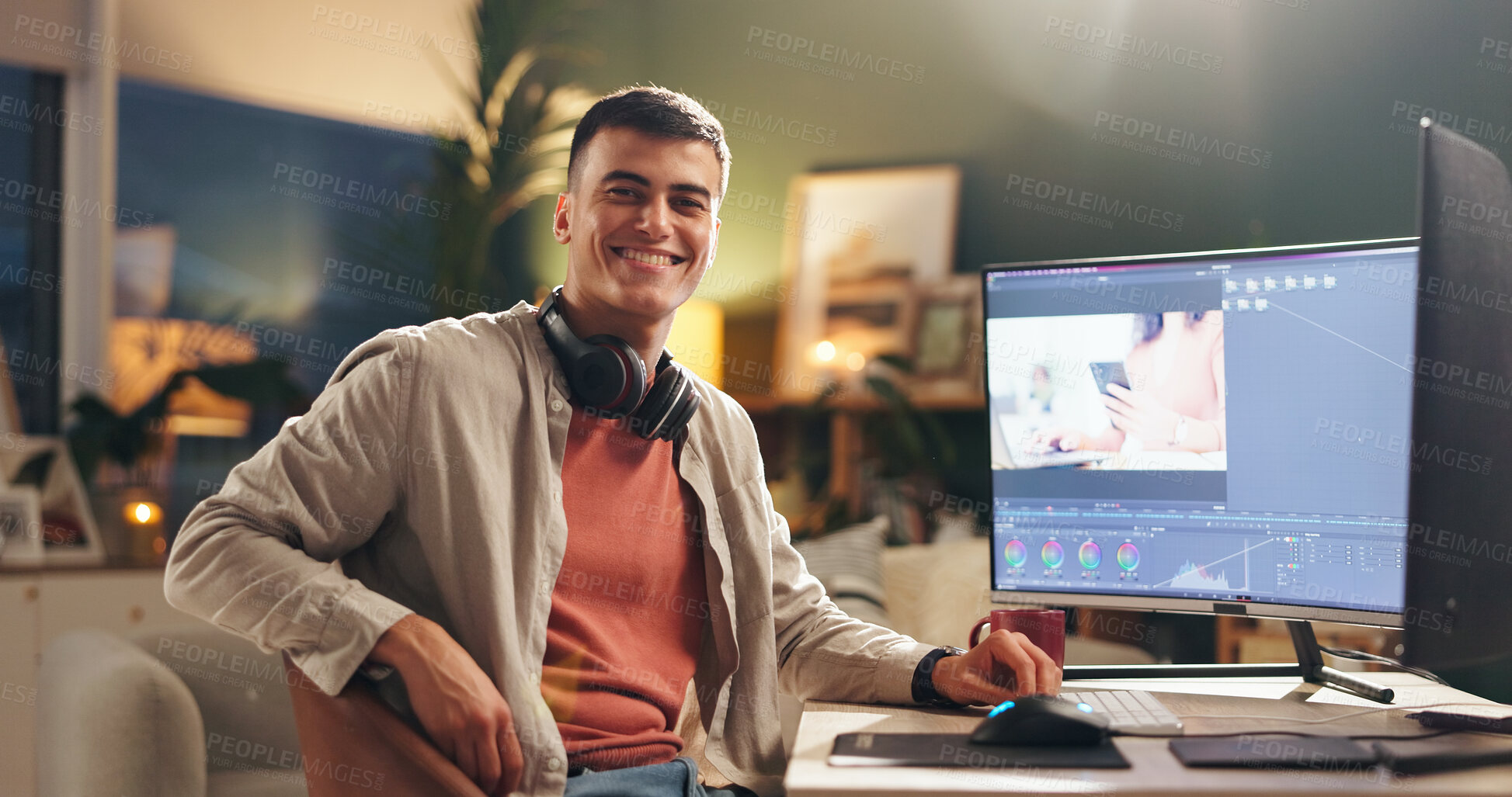 Buy stock photo Happy man, portrait and night with video editor on computer for digital marketing in office. Male people, creative or designer working late with smile on technology for UI development or app design
