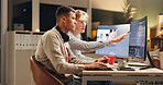 Men, designers or night with computer for deadline, digital marketing or editing in office. Male people, creative team or editor working late on technology for UI development, videography or design