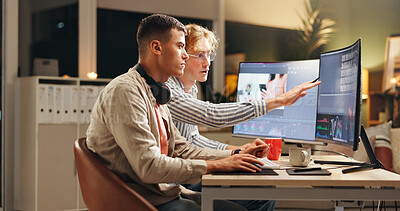 Buy stock photo Men, designers or night with computer for deadline, digital marketing or editing in office. Male people, creative team or editor working late on technology for UI development, videography or design