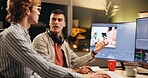 Video editor, team and men with computer screen in office for post production software at night. Desktop monitor, people and discussion for creative project, business or editing media on overtime