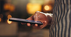 Night, hand and typing in office with phone, company communication and newsletter email for startup. Bokeh, late and person in workplace with tech, text message and online chat for business update.