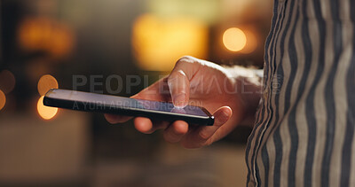 Buy stock photo Night, hand and typing in office with phone, company communication and newsletter email for startup. Bokeh, late and person in workplace with tech, text message and online chat for business update.