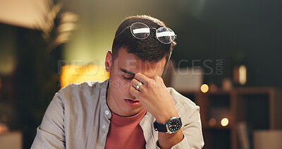 Buy stock photo Night, headache or man in office with glasses, tired or eye strain in task management. Screen fatigue, specs or employee in workplace with migraine, deadline issue or vision discomfort in late shift.