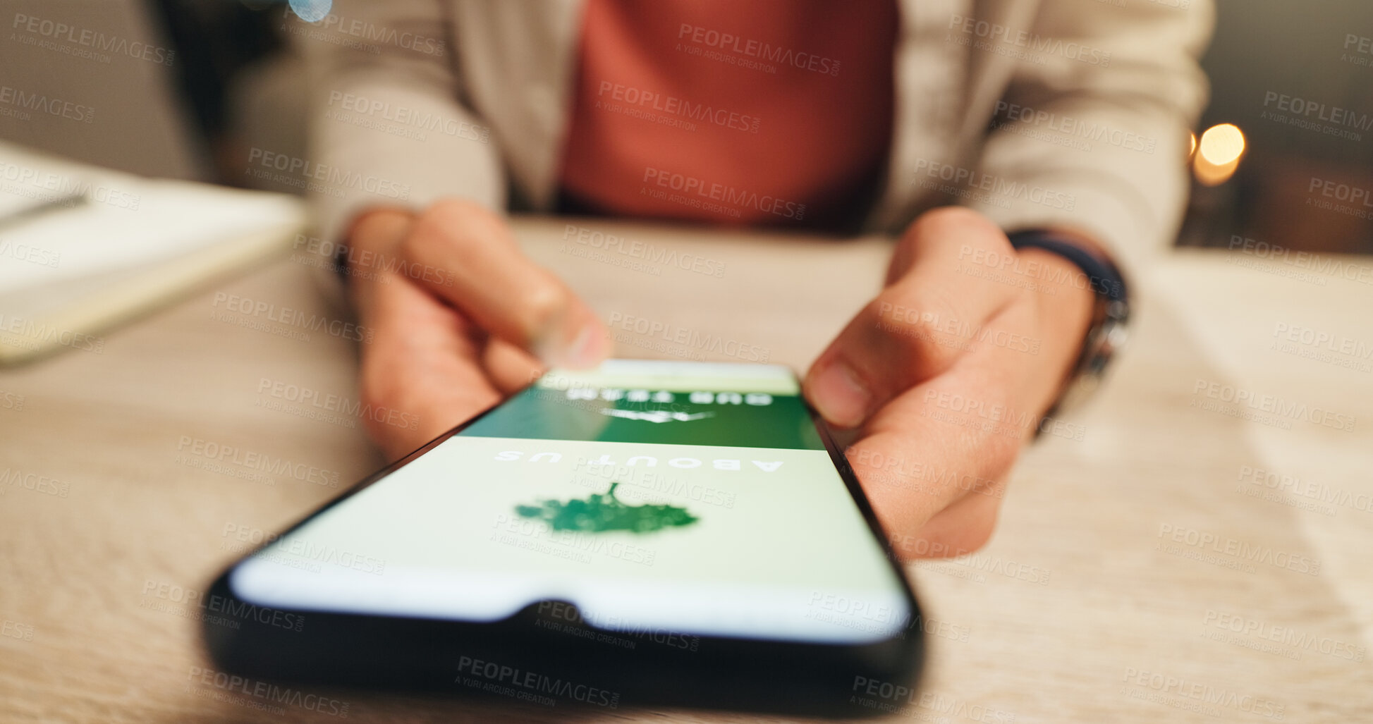 Buy stock photo Phone screen, eco website and hands at desk, sustainability promotion or green business homepage. About us info, web design or person with mobile for nature friendly marketing, brand values or vision