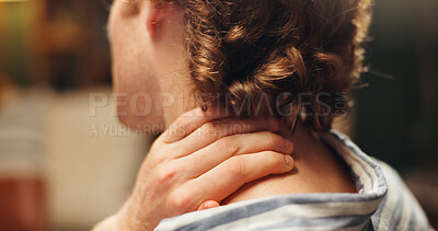 Buy stock photo Employee, hand and sore with neck pain, office and man with muscle strain, discomfort and overworked. Back, massage and person with bad posture, pressure and hurt with injury, tension or inflammation