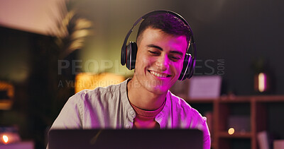 Buy stock photo Laptop, musician and smile with headphones for production, audio or listen to music track. Computer, man and streaming song with tech for content creator, subscription and neon light at night in home
