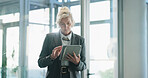Business woman, research and broker with tablet in office for stock market trading or investment. Female person, trader or financial advisor with technology for company finance or budget report