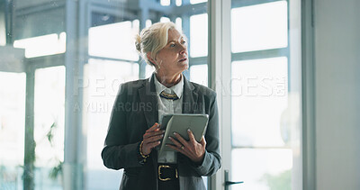 Buy stock photo Business woman, thinking and planner with schedule in office for project management or agenda. Thoughtful, female person or campaign manager contemplating with technology for tasks, ideas or planning