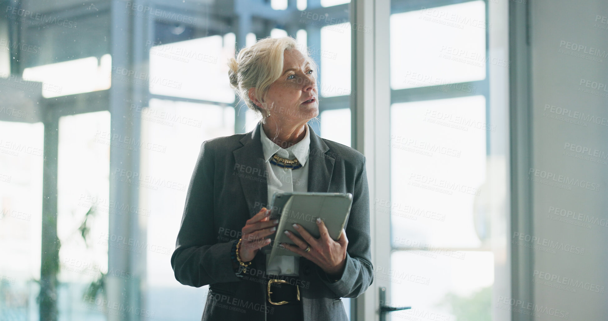 Buy stock photo Business woman, thinking and planner with schedule in office for project management or agenda. Thoughtful, female person or campaign manager contemplating with technology for tasks, ideas or planning