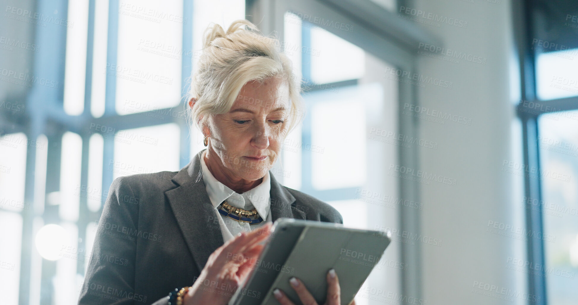 Buy stock photo Business woman, financial planner or schedule with tablet for project budget or agenda in office. Female person, employee or scrolling with technology for online finance, investment or company report