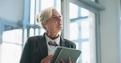 Buy stock photo Mature woman, tablet and thinking at office with review, checklist or insight at insurance company. Person, advisor or broker with tech, perspective and application for risk assessment at agency