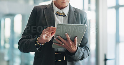 Buy stock photo Business, employee and hands with tablet, scroll and research info on web and real estate investment. Realtor, online and person with tech for property listing, browsing and sale opportunity on app