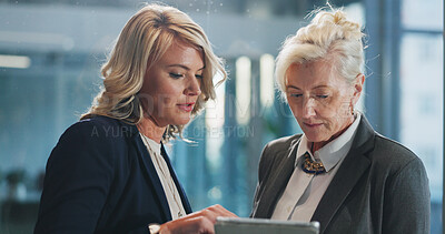 Buy stock photo Woman, tablet and team at office with strategy, checklist or review with insight at insurance company. People, advisor or broker with tech, discussion or application for risk assessment job at agency