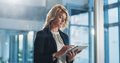 Buy stock photo Scroll, website and woman with tablet, office and employee with research and real estate investment. Realtor, online and person with tech for property listing, browsing and sale opportunity on app