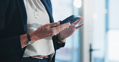 Buy stock photo Hands, business and woman in office, smartphone for texting and financial advisor. Person, investor and employee in workplace, cellphone and digital app for communication and email for trading info