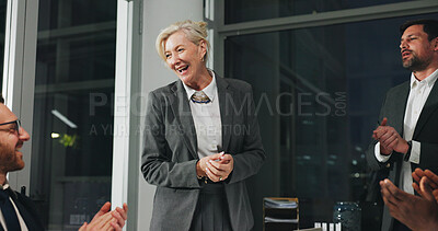 Buy stock photo Night, meeting and woman in office with applause, business people and celebration at digital agency. Clapping hands, overtime and team with success, management review and working late for report