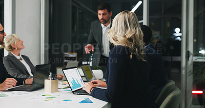 Buy stock photo Night, meeting and woman in office with laptop, business people and graphs at digital agency. Technology, overtime and team with planning, management review and paperwork for working late and report