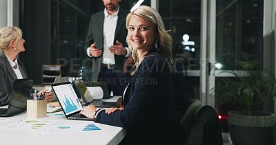 Buy stock photo Night, portrait or woman in office with meeting, graph review or career pride in budget evaluation. Smile, collaboration or financial analyst with laptop, about us or risk management in evening shift