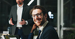 Night, portrait and businessman in office with meeting, financial accounting career or audit deadline. Late, happy person or accountant in workplace with glasses, pride or confidence for finance job.