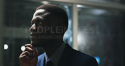 Buy stock photo Night, thinking and black man in office with project, business plan and brainstorming at digital agency. Planning, overtime and businessman with reflection, inspiration and working late for idea