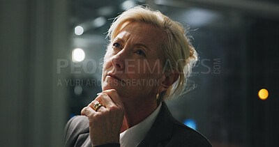 Buy stock photo Night, thinking and mature woman in office with project, business plan and brainstorming at digital agency. Research, overtime and manager with reflection, inspiration and working late for report