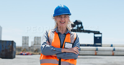 Buy stock photo Logistics, woman or arms crossed in shipping yard for freight export, distribution service or pride. Cargo manager, mature person or outdoor for supply chain management, safety compliance or portrait