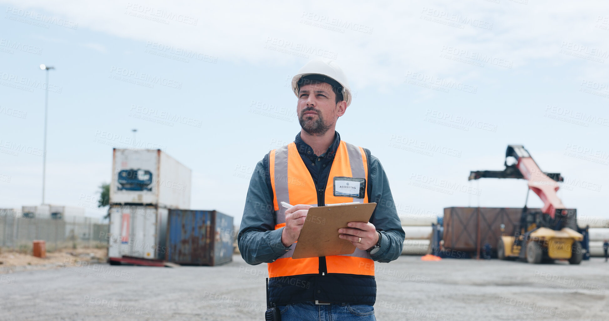 Buy stock photo Man, logistics and inspection with clipboard in yard for shipping control or supply chain safety. Male person, inspector or storage operator with inventory or container checklist for distribution