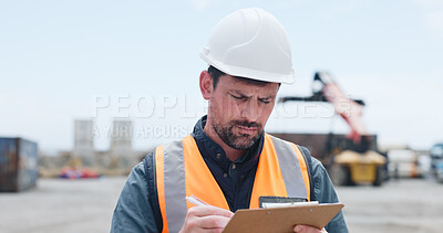 Buy stock photo Man, logistics and writing with inspection in container yard for shipping control or supply chain. Male person, inspector or storage operator with inventory check for stock distribution or shipment