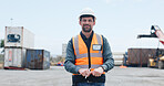Portrait, man and smile in yard for shipping inspection, logistics checklist and quality assurance. Happy, person and clipboard with dispatch information, freight supervision and distribution safety