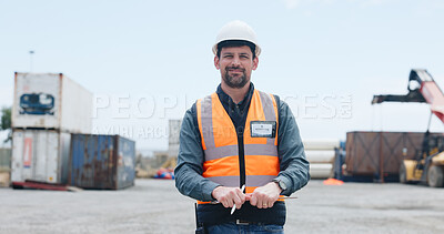 Buy stock photo Portrait, man and smile in yard for shipping inspection, logistics checklist and quality assurance. Happy, person and clipboard with dispatch information, freight supervision and distribution safety