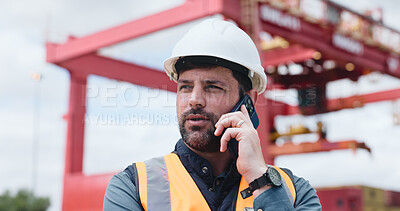 Buy stock photo Logistics, conversation or man on site with phone call, cargo track or inventory management in supply chain. Distribution, ppe or customs officer with tech, freight or safety assurance of export.