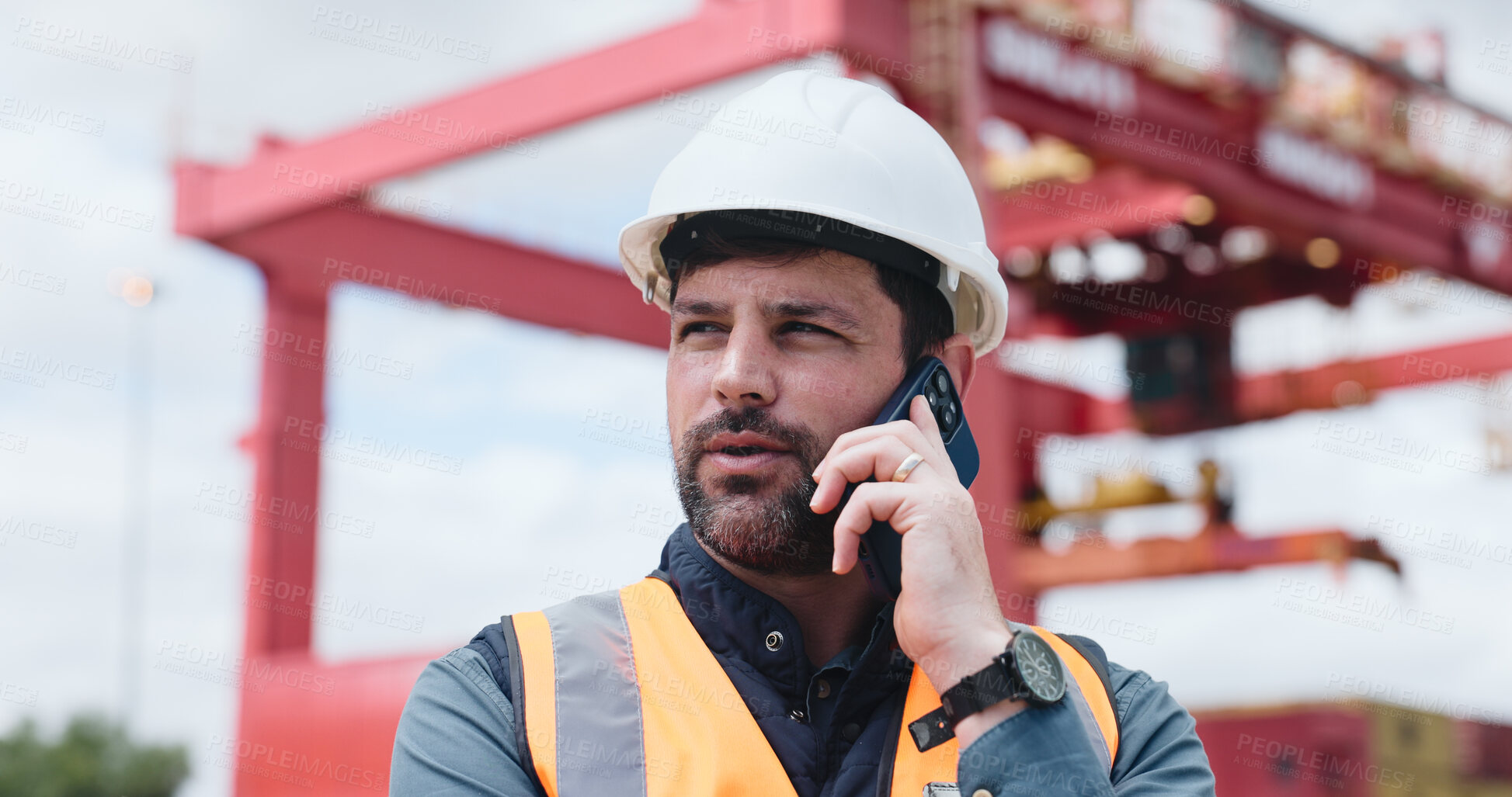 Buy stock photo Logistics, conversation or man on site with phone call, cargo track or inventory management in supply chain. Distribution, ppe or customs officer with tech, freight or safety assurance of export.