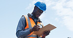 Outdoor, reading and man with clipboard, logistics or inventory management for supply chain and info. Shipping, review and black person with checklist for distribution, low angle and stock delivery