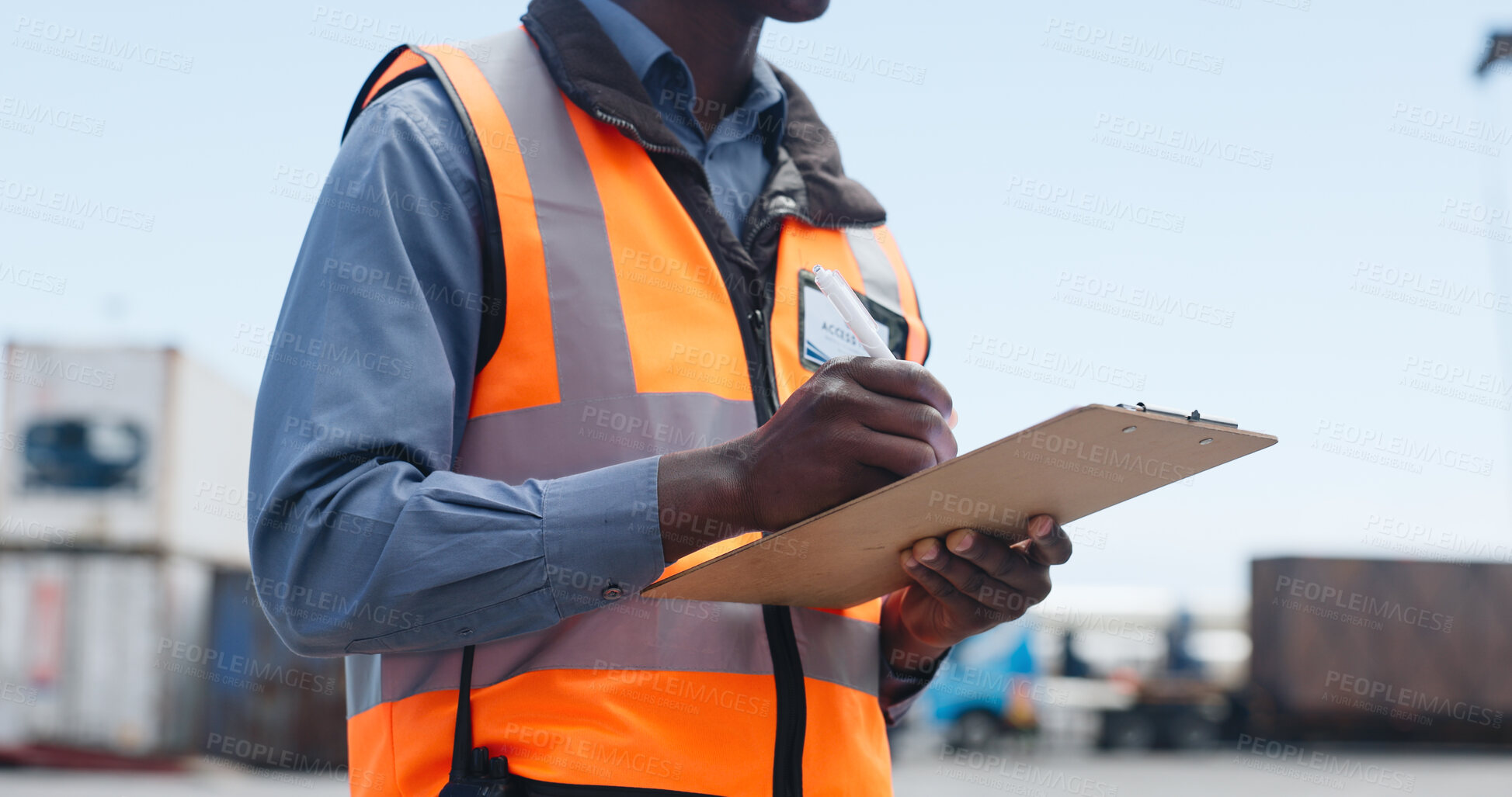 Buy stock photo Hands, shipping yard and man with clipboard, writing and inspection for cargo distribution. Closeup, outdoor and person with documents, inventory and shipment schedule for import, logistics or export