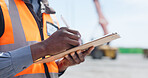 Hands, shipping yard and man with clipboard, logistics and inspection for cargo distribution. Closeup, outdoor and person with documents, inventory and shipment schedule for import, backlog or export