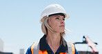 Construction, woman and outdoor with PPE, thinking or building contemplation for project development. Contractor, person and reflection on site with helmet, problem solving or vision for engineering.